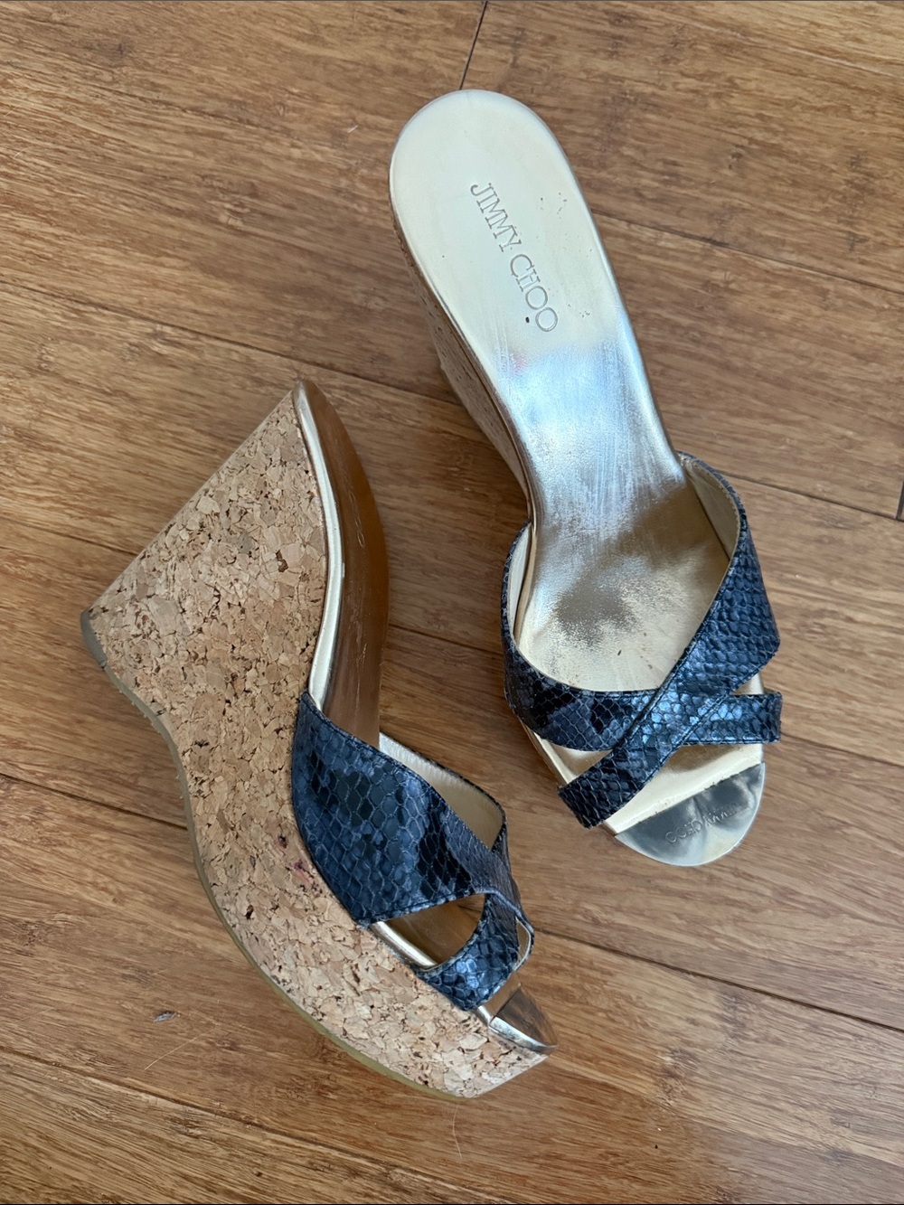 Jimmy Choo Blue Snakeskin Pandora Cork Wedge